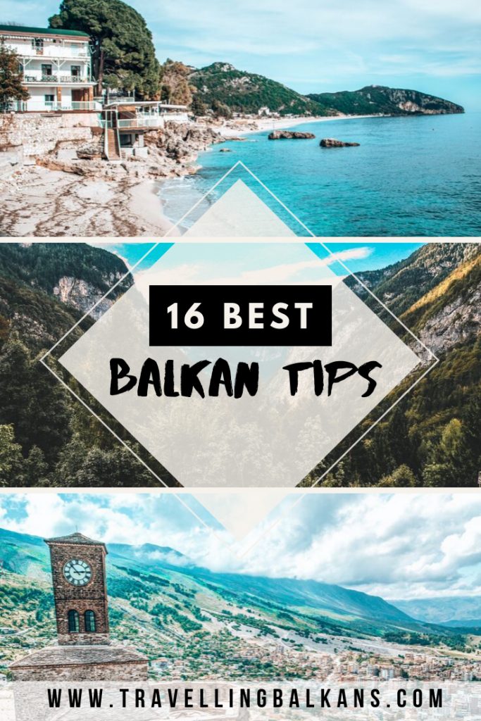 Ruins of an ancient stone fortress with towering walls and greenery in the foreground, under a partly cloudy sky, accompanied by the website text "www.travellingbalkans.com."