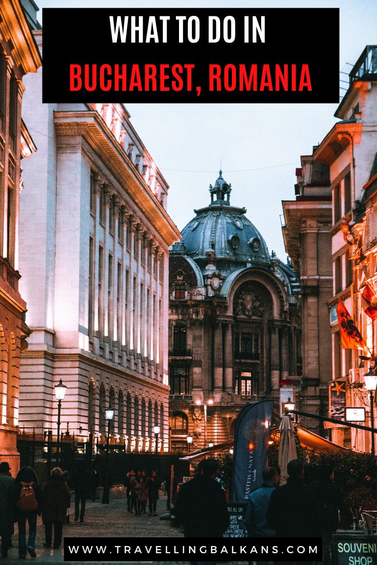 Pinterest graphic of Bucharest’s Old Town lit at dusk, featuring the ornate domed building of the National Savings Bank and cobblestone streets filled with people.