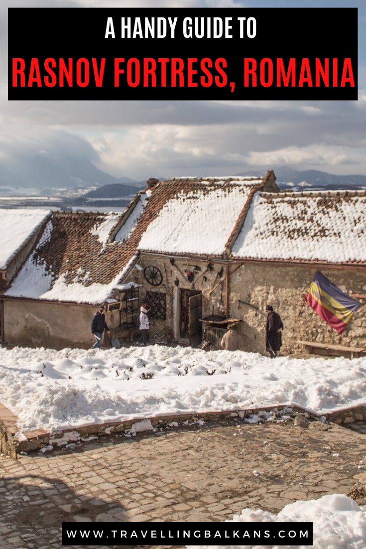 Pinterest graphic showing a guide to Rasnov Fortress, Romania, with people outside a rustic building flying the Romanian flag.