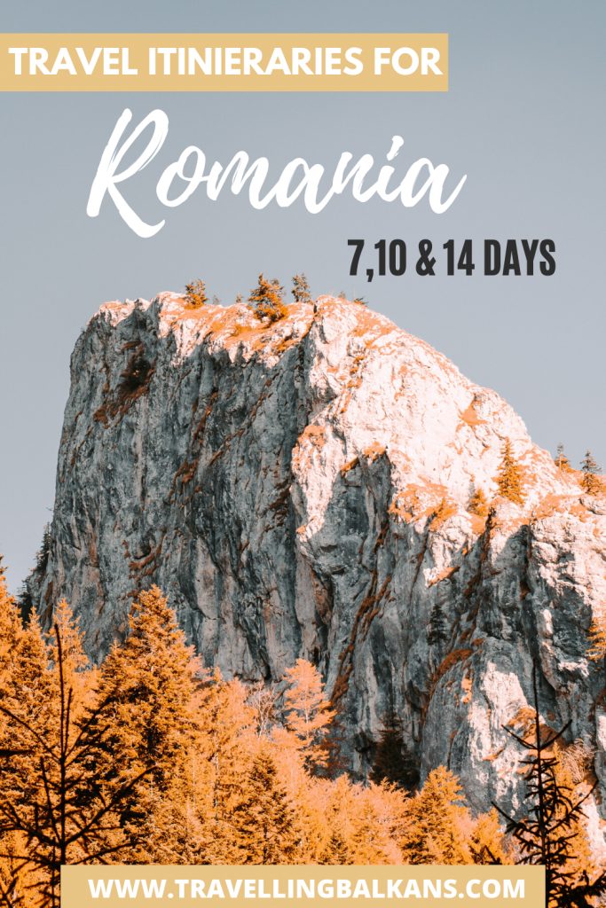 Bold Pinterest graphic showing dramatic mountain scenery with text “Travel Itineraries for Romania – 7, 10 & 14 Days”.